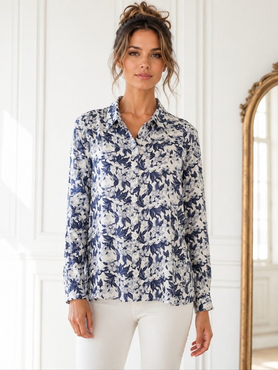 Blast Tops - BLAST Linen Blend Floral Blouse | Size L | Shell Buttons | Button Front